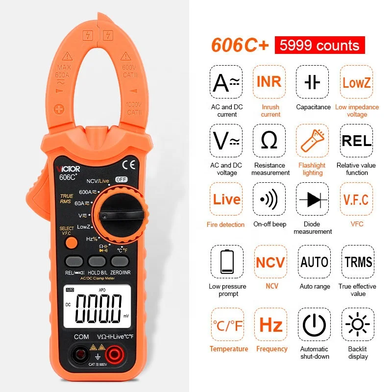 VICTOR 606C+ Digital Clamp Meter 5999 Counts 600V 600A AC/DC Clamp Multimeter With Live NCV Flashlight LOW INPEDANCE Voltage