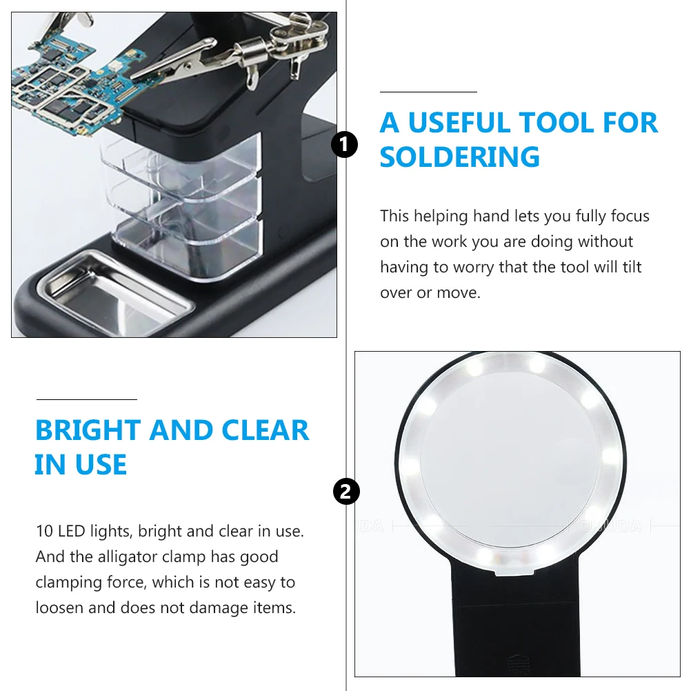 

10 LED Welding Table Tool Third Hand Soldering Station Stand 3 Multifunctional Clamps ABS Acrylic Mirror Aluminum Alloy Desk