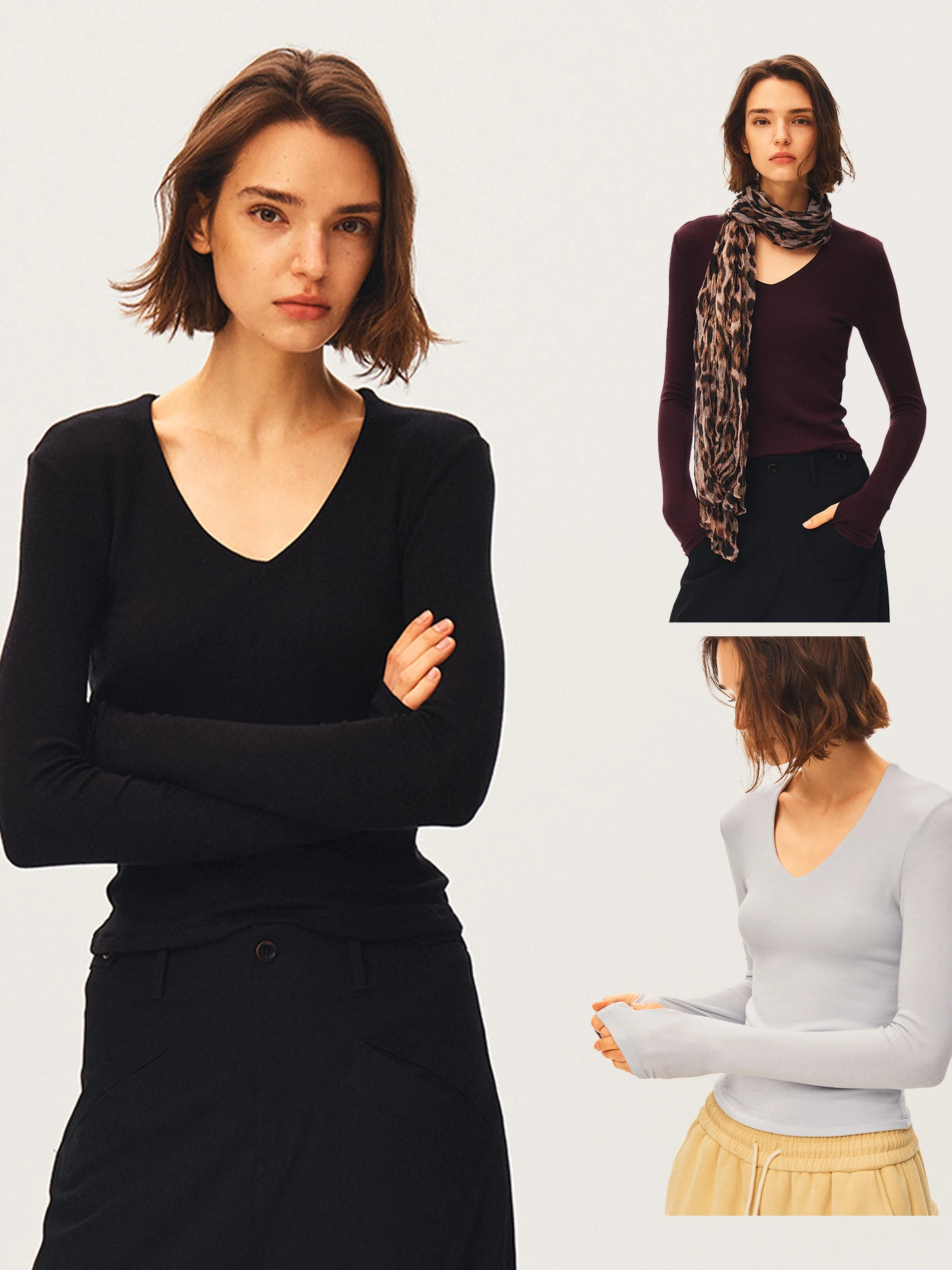 TDDP Women's V-Neck Cashmere Blend Long Sleeve Knitted Base Shirt Slim Fit Autumn Winter Inner Wear Elegant Slimming City Walk