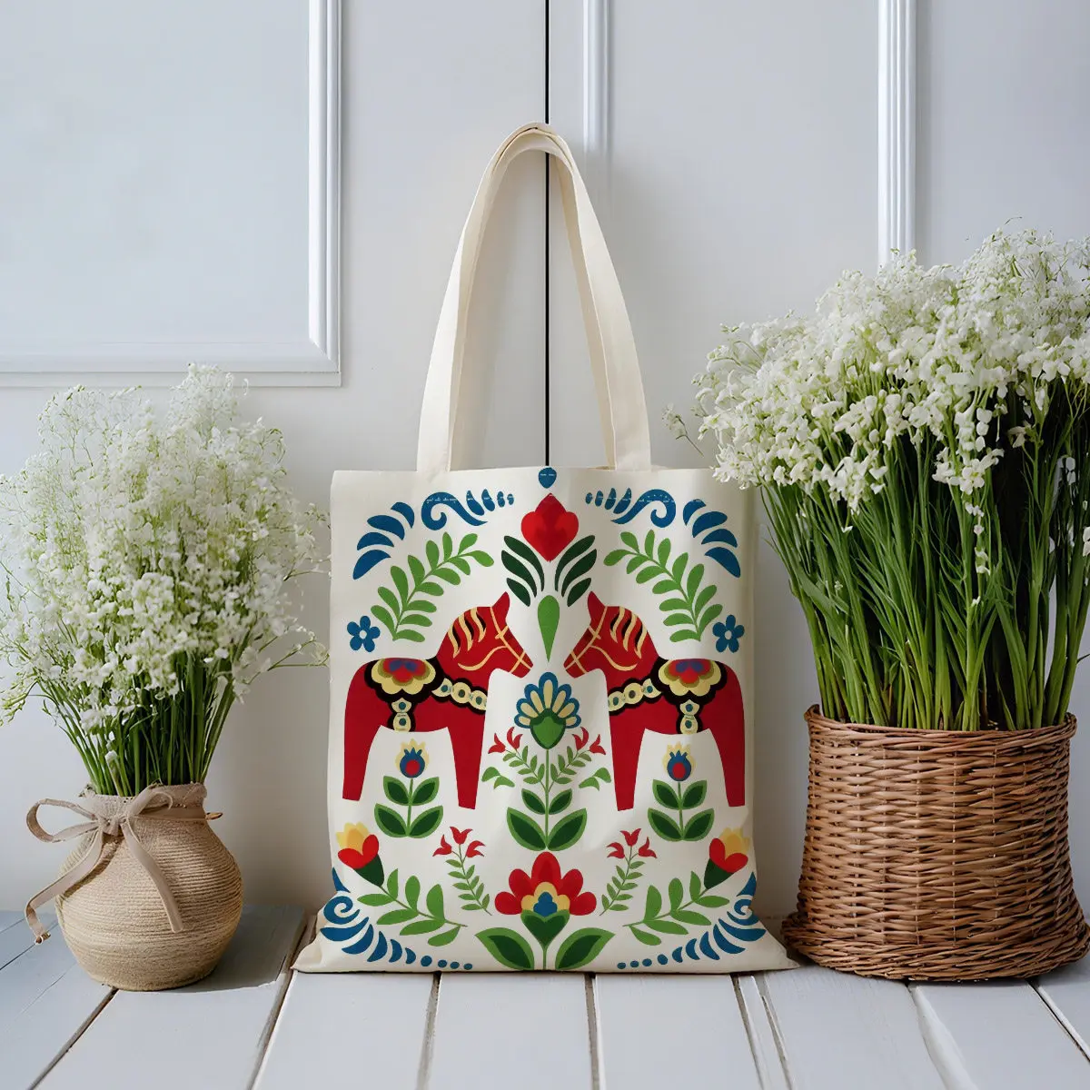 A Swedish Dala pattern print canvas tote bag, suitable for daily use, shopping, school, and travel