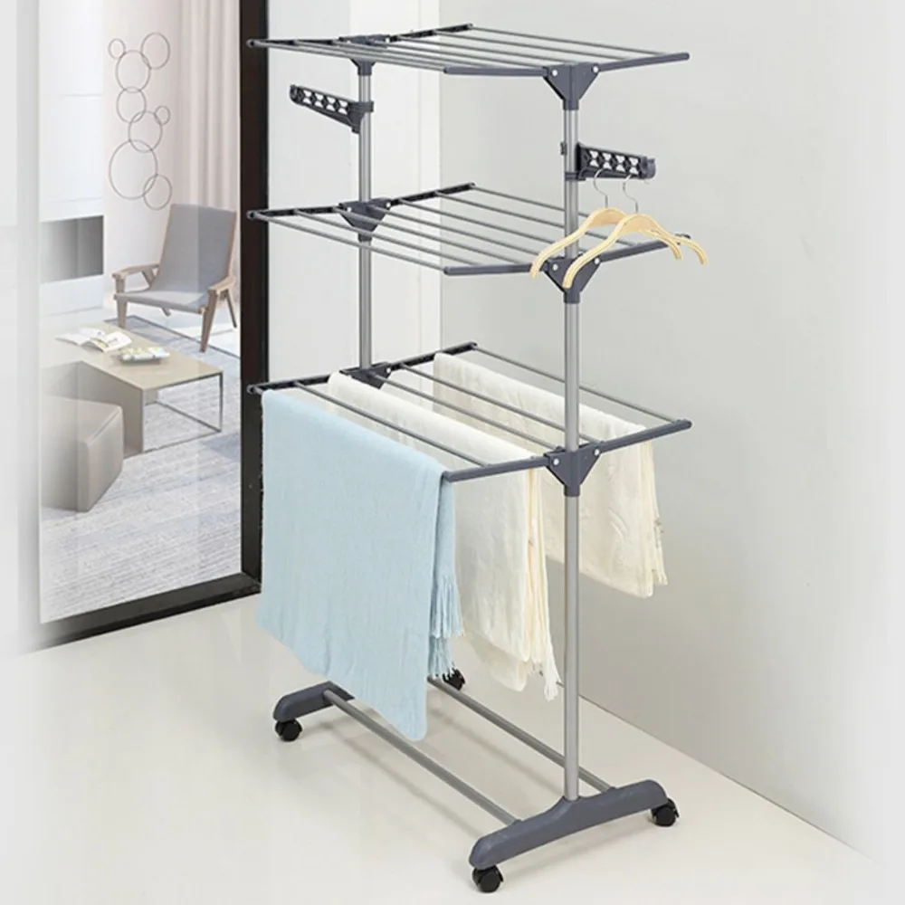 Clothes Rack Folding 3-Layer Strong Load-bearing Capacity Stainless Steel Floor Standing Towel Pants Shelf Foldable Coat Rack