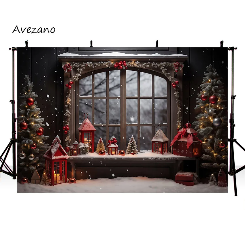 Avezano Winter Christmas Backdrop Snow Window Interior Decoration Xmas Trees Kids Portrait Photography Background Photo Studio