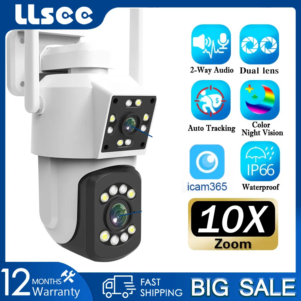 LLSEE 8MP dual lens 10X zoom, CCTV wireless outdoor camera 360 pan tilt CCTV WIFI camera monitoring outdoor waterproofing