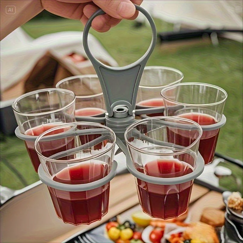 

6 Cups Foldable Glass Carousel Holder Coffee Cup Handle Drinking Bottle Bracket Portable Anti Scalding Camping Party Bar Home