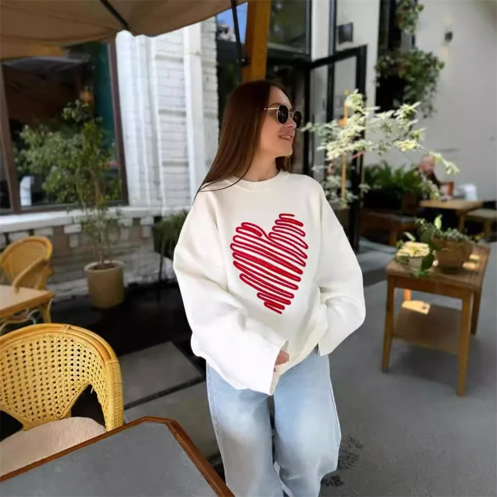 Casual Heart Embroidery Knitted Pullover for Women Autumn Winter White Loose O Neck Long Sleeve Cute Sweater Female Streetwear