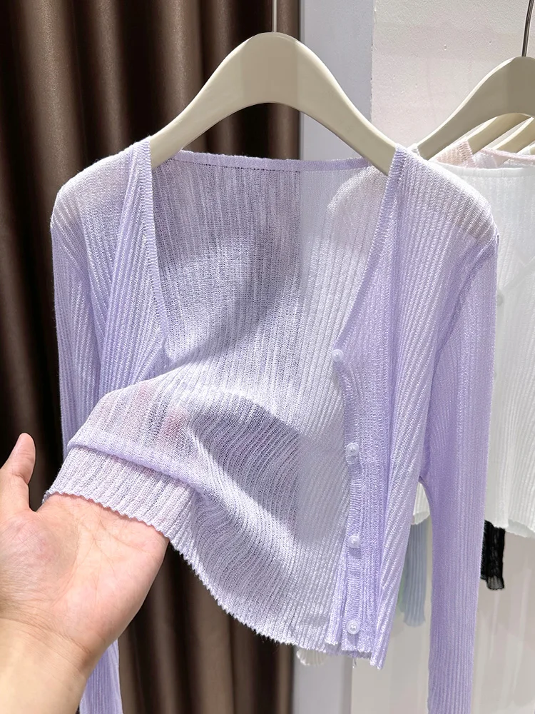 

Thin Knitted oulder awl Women's Outerwear Summer UV Protection Cardigan V-ne ort Length Pure Color Commute Sle