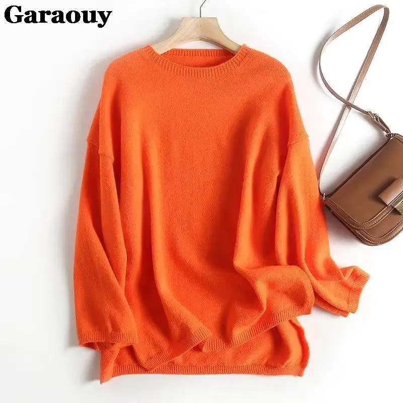 Garaouy 2023 Autumn Women Orange Knit Sweater Casual Versatile Jumper Round Neck Long Sleeve Female Soft Warm Oversize Pullovers