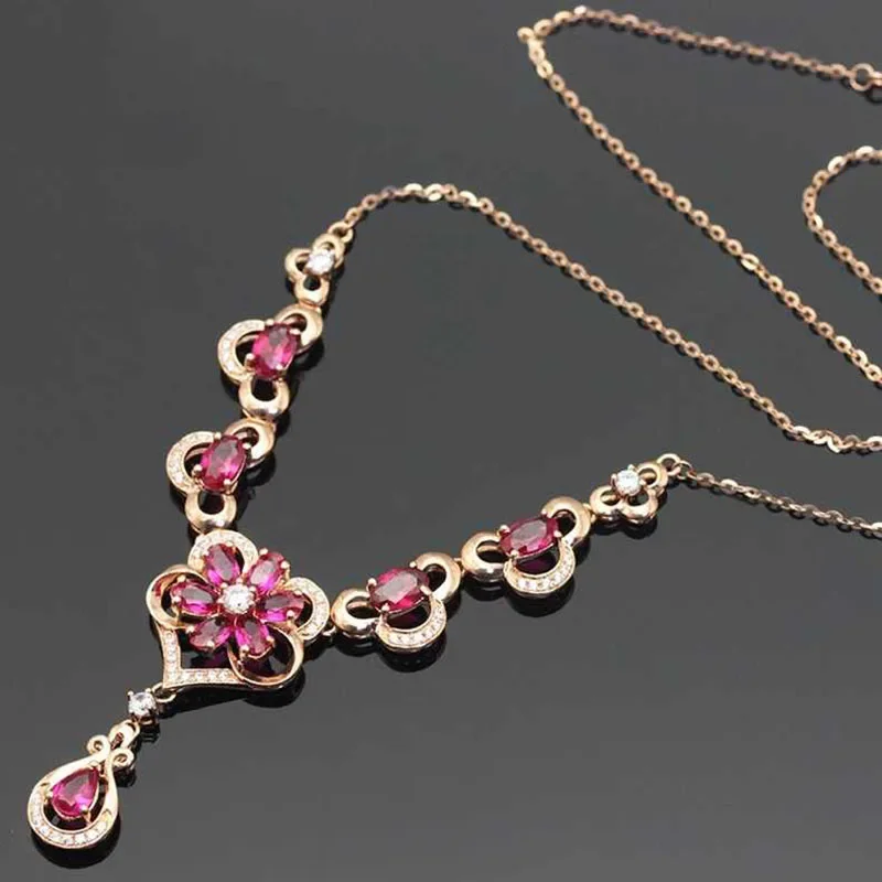 Inlaid Ruby Elegant Flower Necklace 14K Rose Gold Crystal Luxury Pendant Romantic Luxury Dinner wedding Jewelry