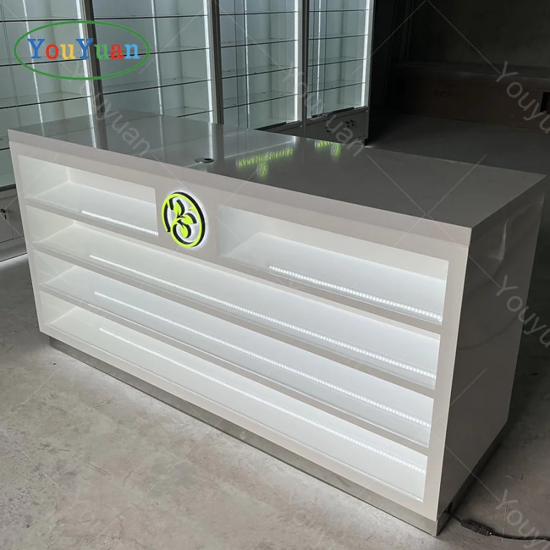 Kabinet Display dispenser ritel kustom dengan konter Display kaca komersial kayu kuat dengan penyimpanan