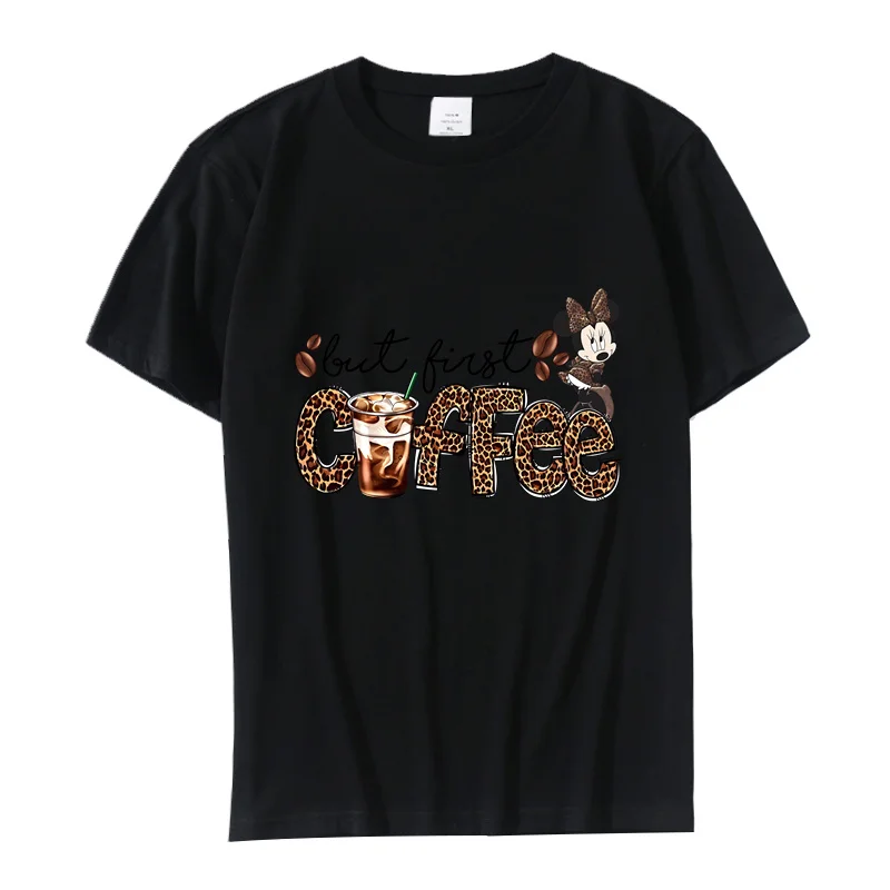 Minnie Mouse Coffee Graphic Leopard Love Women T-Shirt Cotton Fashion Short Sleeve T Shirt Ladies Print Clothes Casual Female