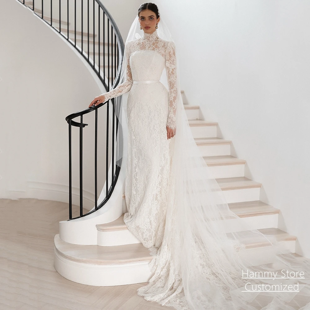 Customized High Neck Long Sleeves Mermaid Wedding Dress New Arrival Court Train Saudi Arabian Woman Bridal Gown for Bride