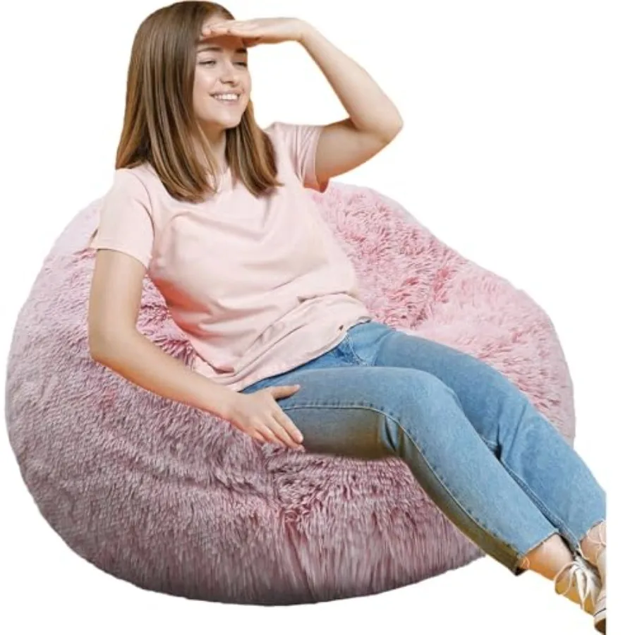 

Fluffy Bean Bag Chair 3Feet Round Memory Foam Filled Bean Bag for Teens and Ultra Soft Faux Fur Fabric Bean Bag Chairs for Play