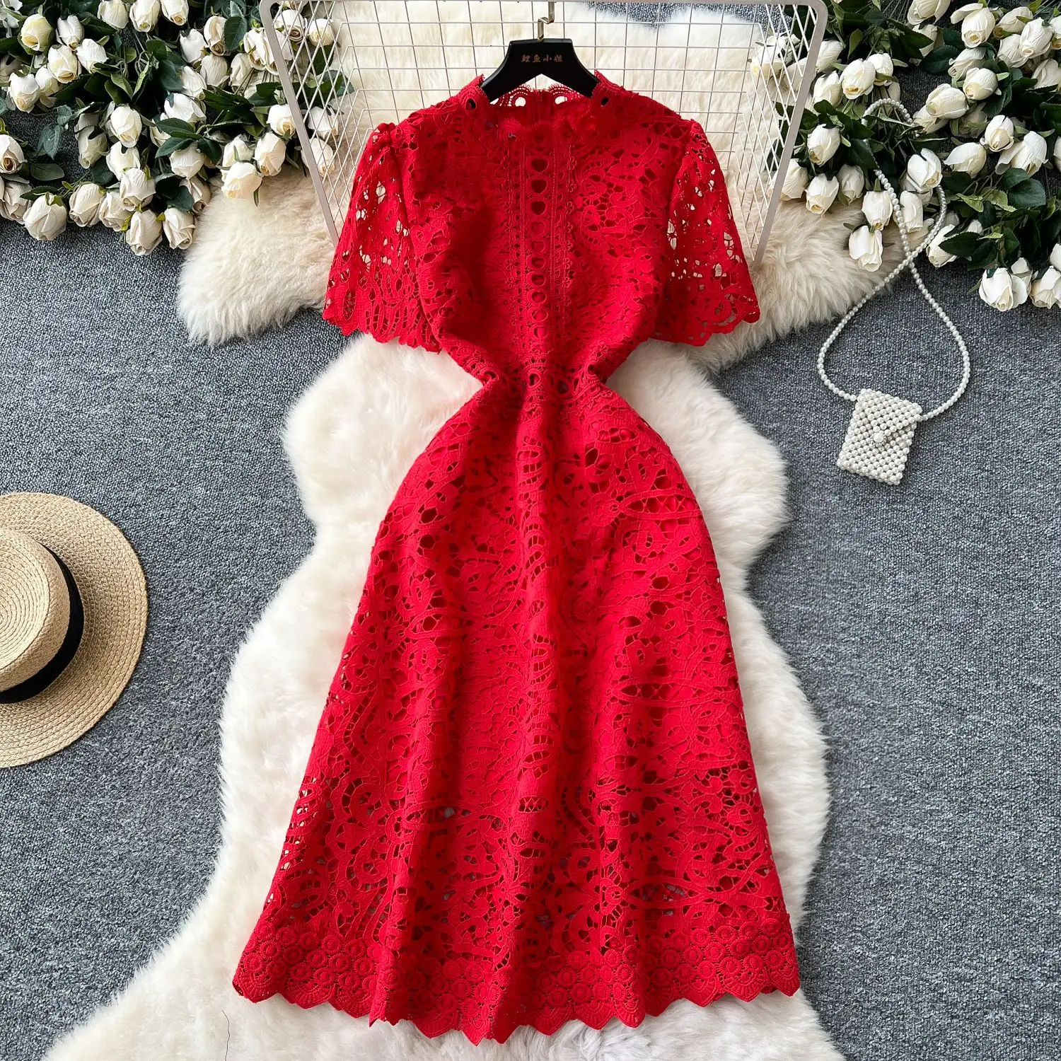 High-End Hollow-Out Crochet Lace Dress Women's French-Style Slimming Short-Sleeved Long Dress for Summer Vestidos