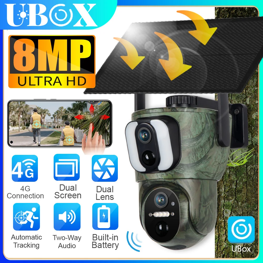 

Ubox 4G Solar Camera Outdoor 8MP Dual Lens Security Camara PIR Human Detection Night Vision Surveillance Camera CCTV Monitor