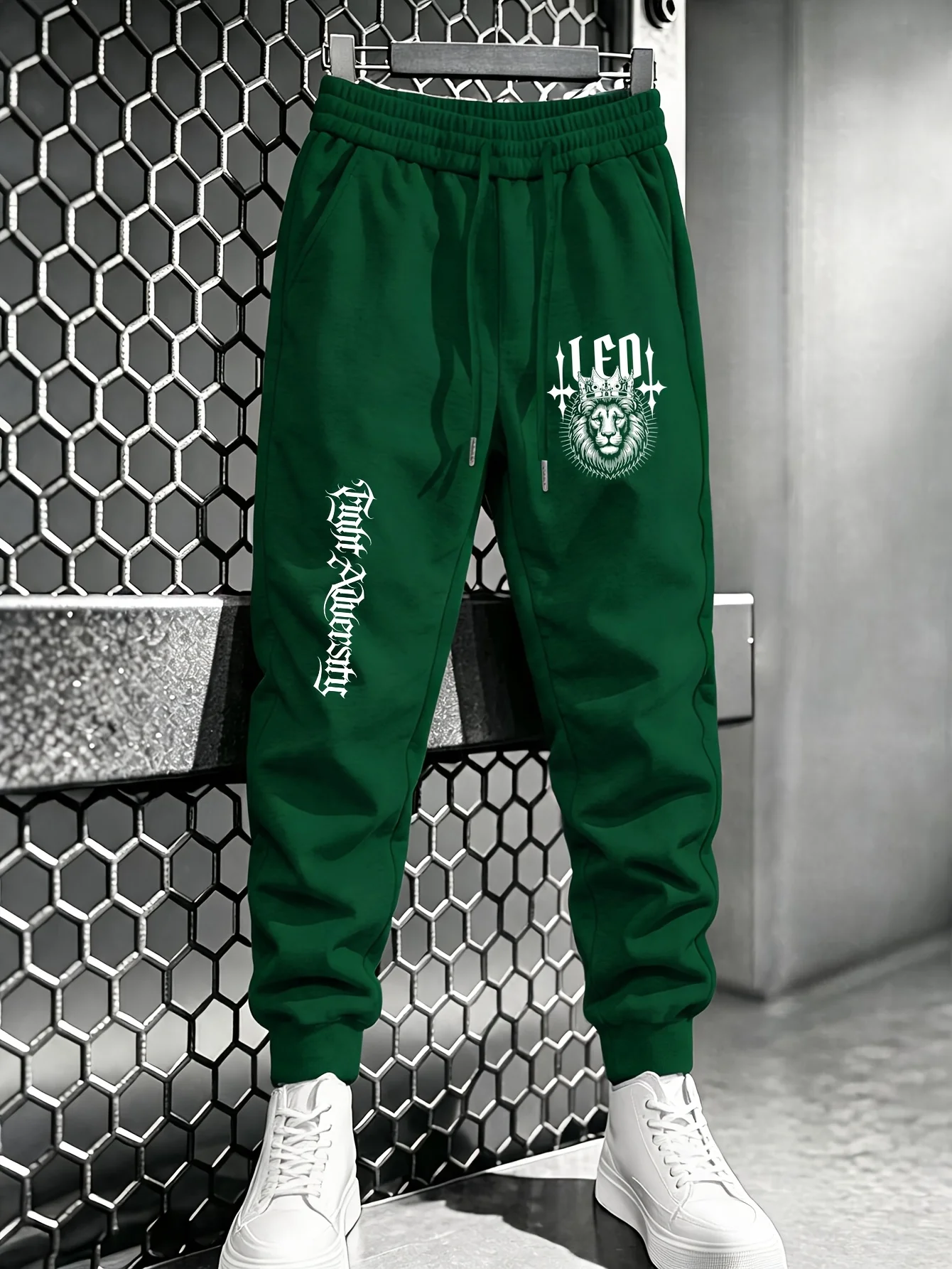 Zodiac‑style leo lion crown gothic letter graphic stylish tapered sweatpants men hip hop sports jogger trousers