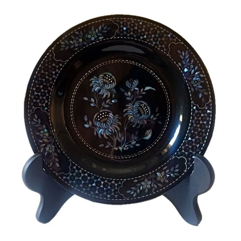 

Lacquer , shell inlaid screw plate, large, handmade teacup holder, disc ornament