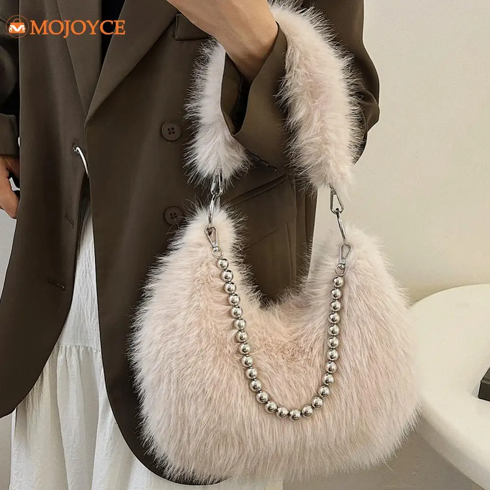 Winter Plush Shoulder Bag Women's Fluffy Chain Handbag 2024 Trend Faux Fur Underarm Bag Laides Chic Hobo Bag Solid Armpit Purses