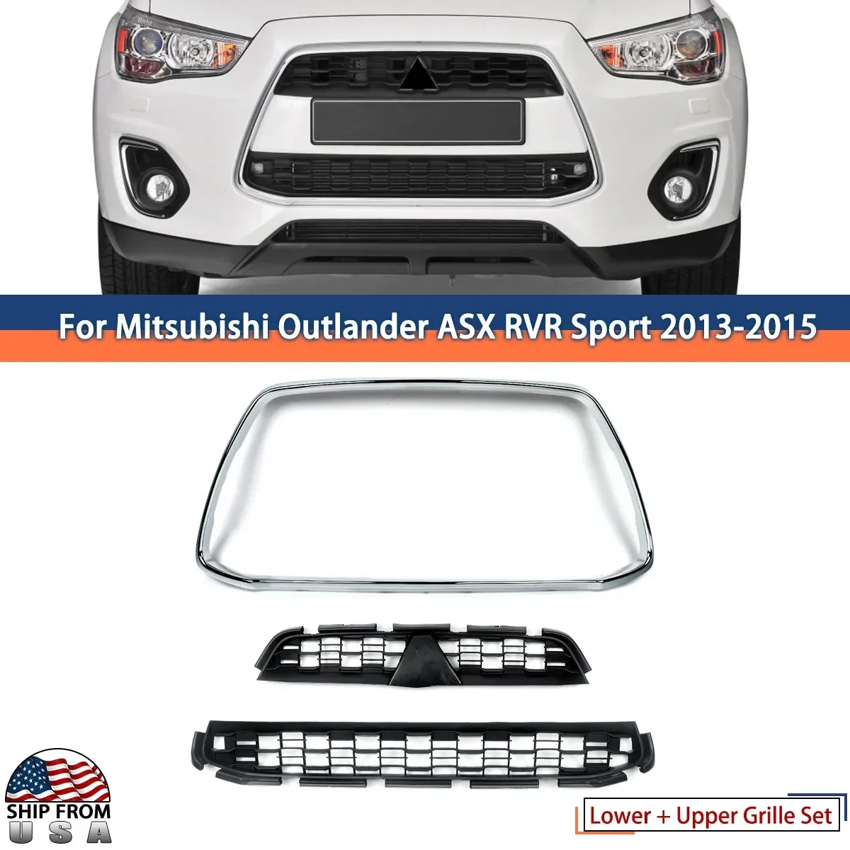 

Front Grille Set with Molding Trim for Mitsubishi Outlander Sport ASX RVR 2013-2015 Car Front Grille Trim Black Chrome