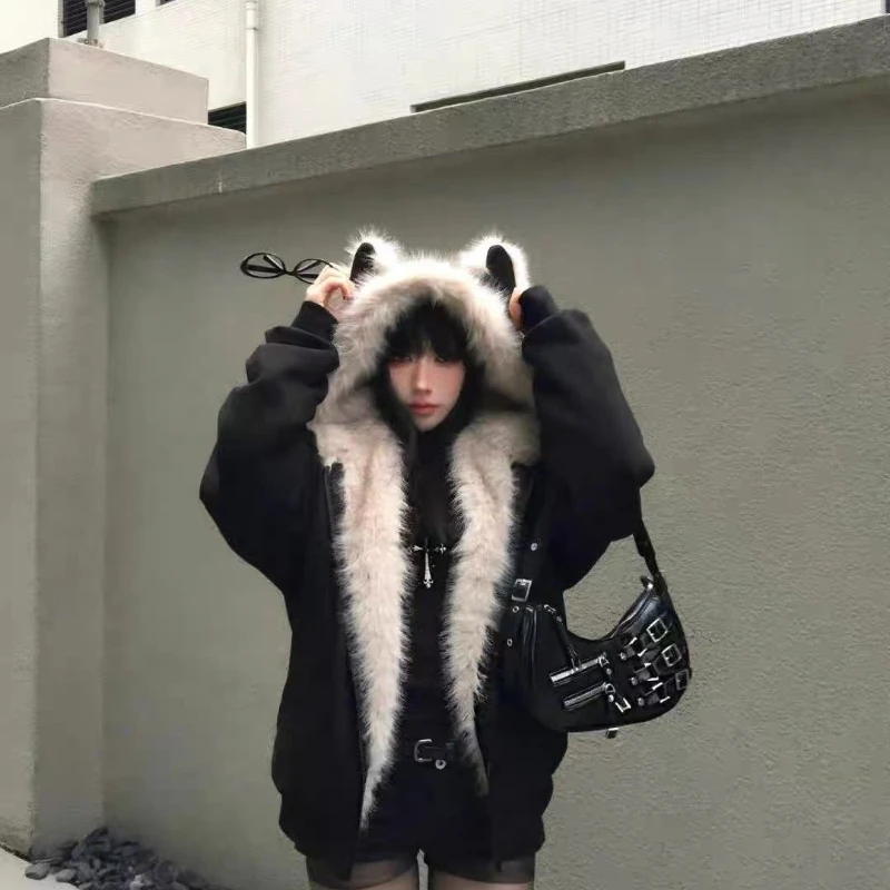 Y2k American Vintage Long Sleeve Parkas Hooded Women Casual Cat Ears Coat Pure Color Faux Fur Collar Streetwear 2025 Autumn
