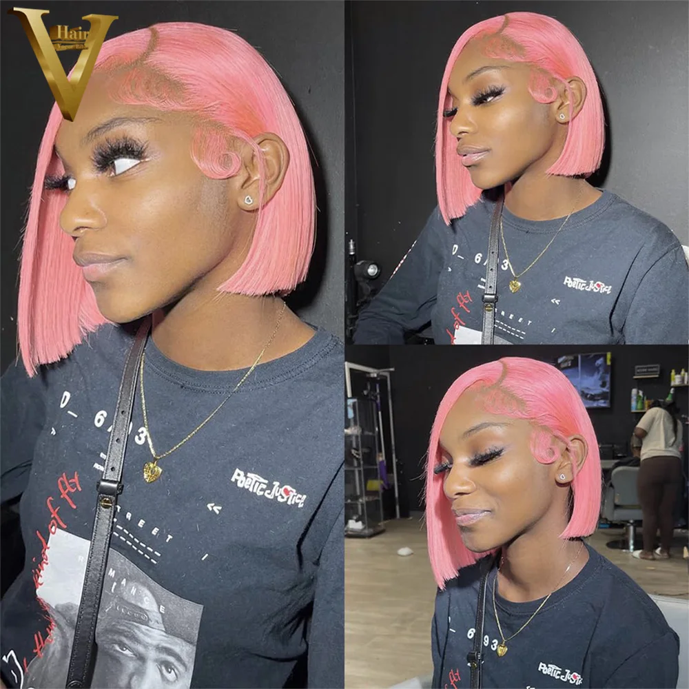 Pre Plucked Straight Short Bob Wigs Pink 13×4 Transparent Lace Frontal Wig For Black Women Brazilian Virgin Remy Human Hair Wig