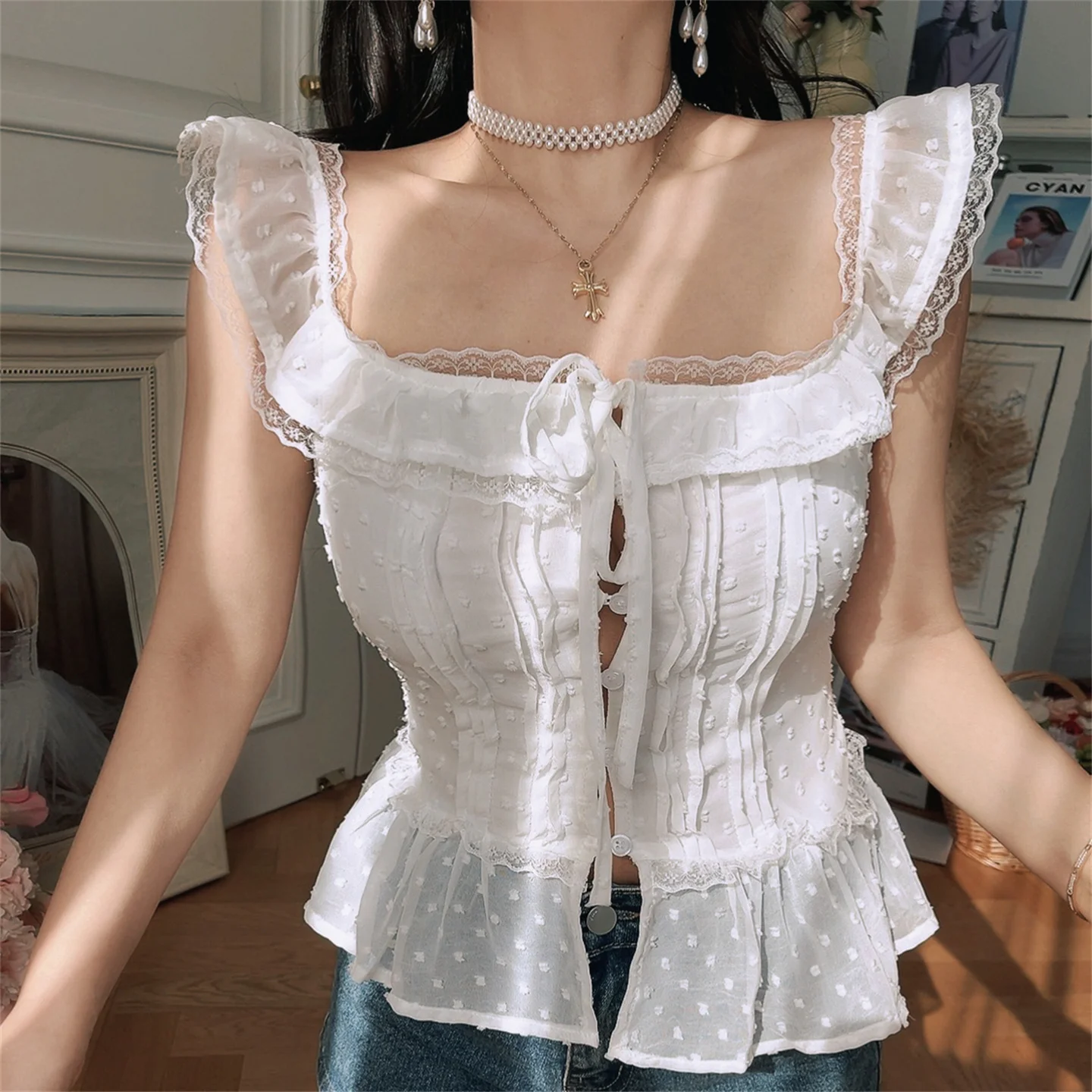 

French Style Lace Trimmed Belted Sleeveless Holiday Top Women's Slim Fit Shirt Square Collar Spring Summer Fashion Chenopod2026