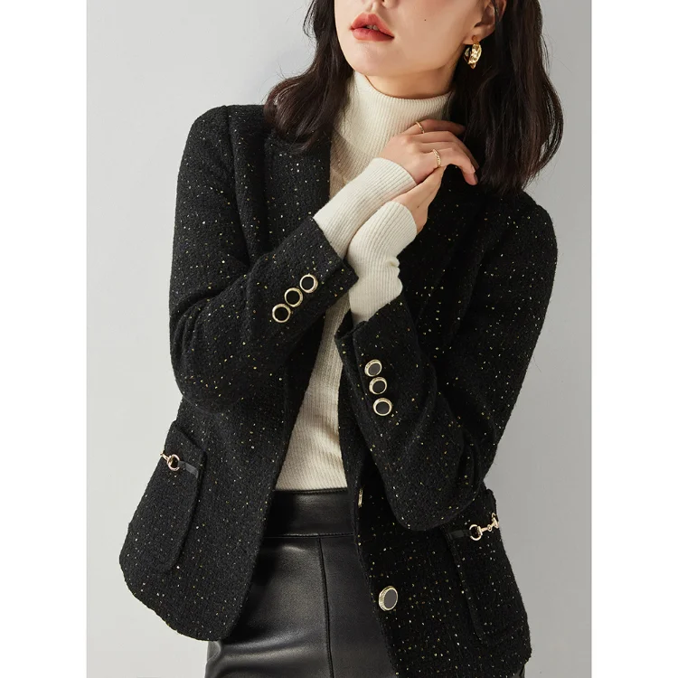 Black Suits Jackets for Women Design 2023 Autumn Tweeds Lapel Single-breasted Tops Creamy-white Blazers Urban Style Bling Coats