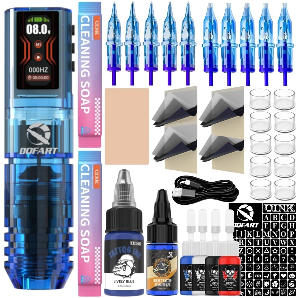 DQFART P2 Blue Colorful Led Digltal Display Electric Wireless Tattoo Machine Set Tattoo Ink Needles Practice Skin Tattoo Artists
