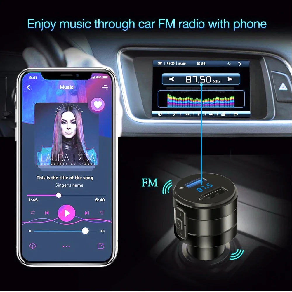 FM Transmitter for Car Bluetooth Fast Car Charger Wireless FM Radio Bluetooth Car Adapter Noise Cancelling Hands-Free Call