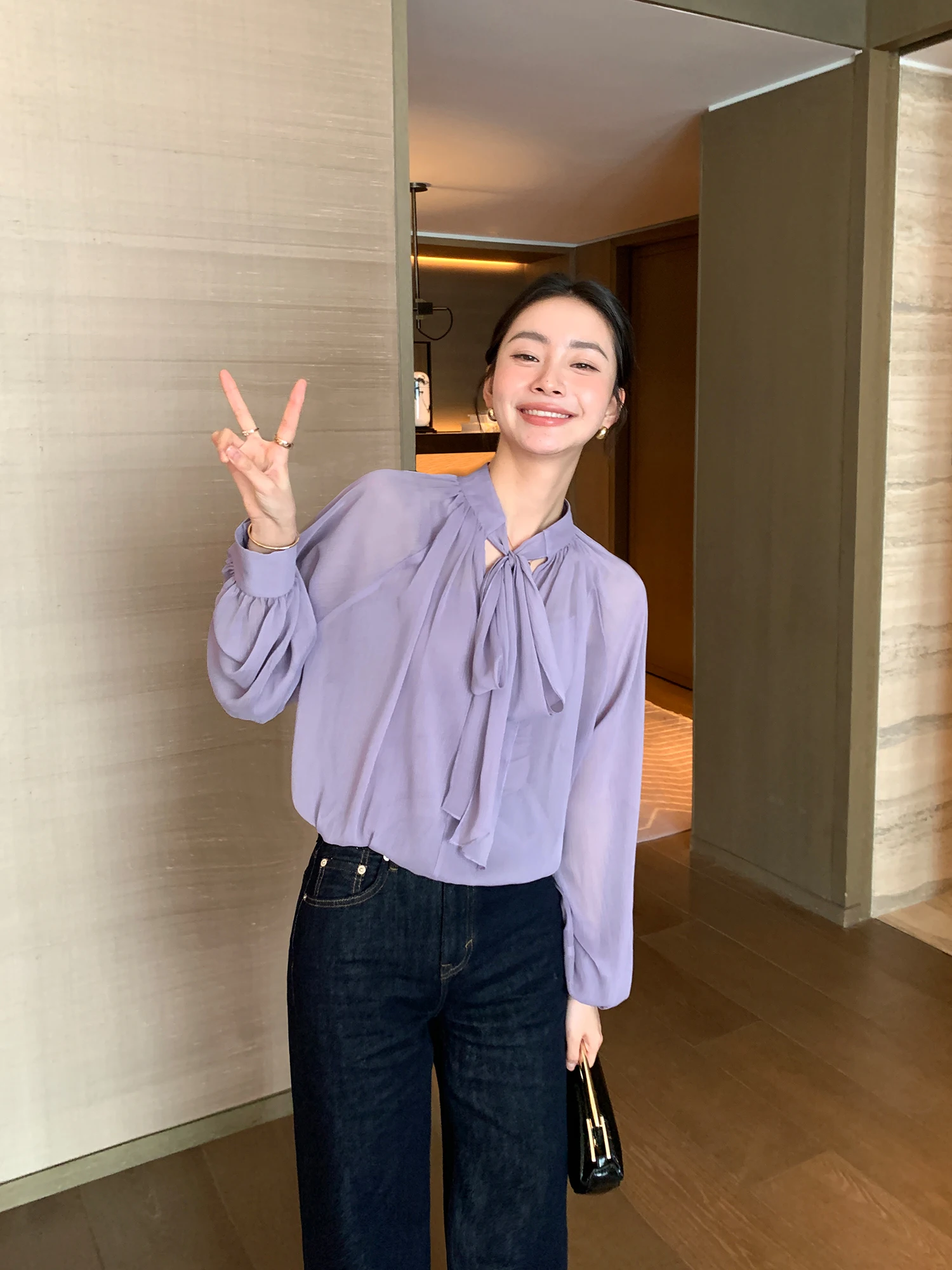 

Maven Lin Purple Women's irt Double-Sided Wear Translucent Design Sensation White out Long Sve High Collar Neutral Sle