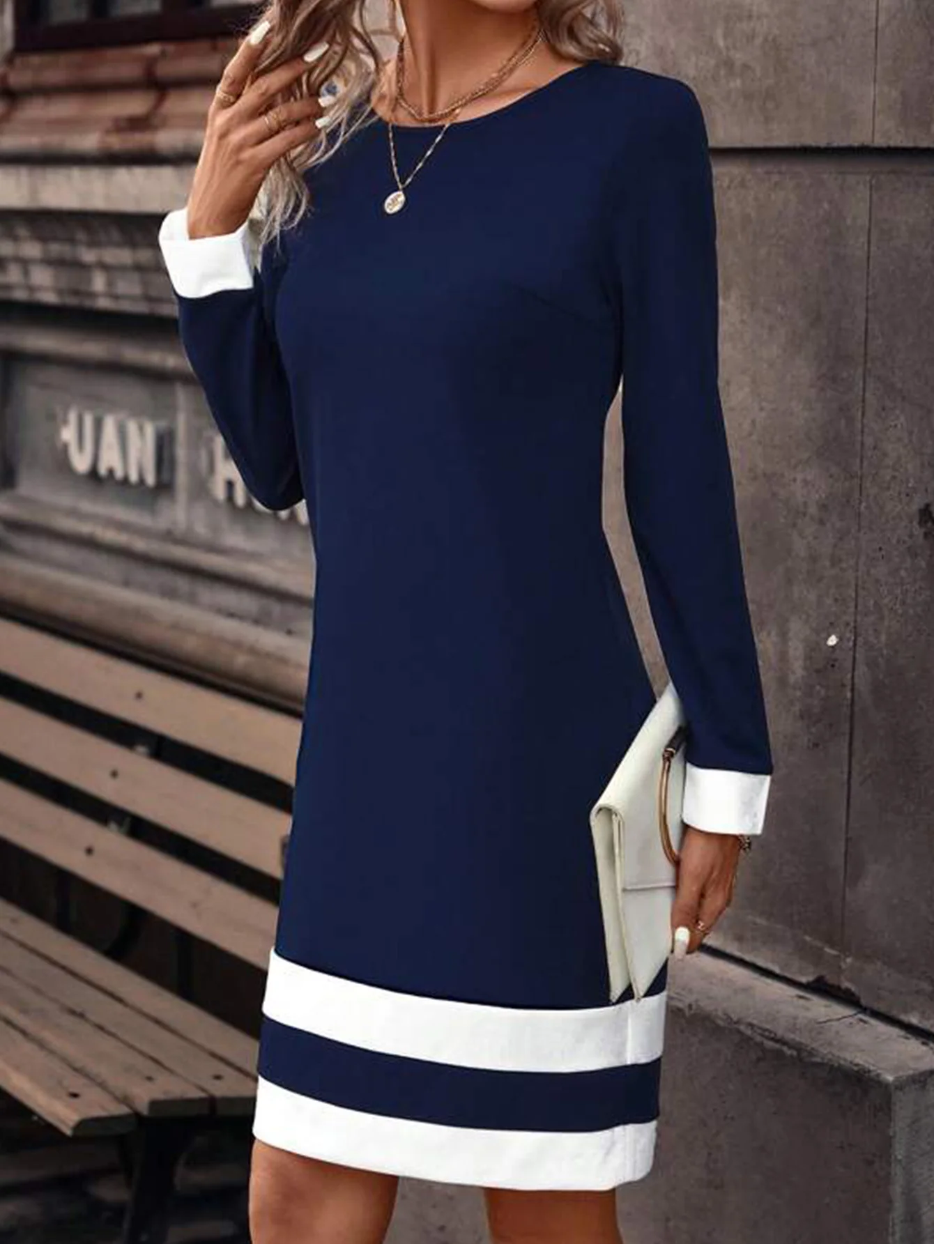 Women\'s New Fashion Casual Knitted Crew-neck Splicing Fitted Long-sleeved Mid-length Commuter Self -cultivation Dress