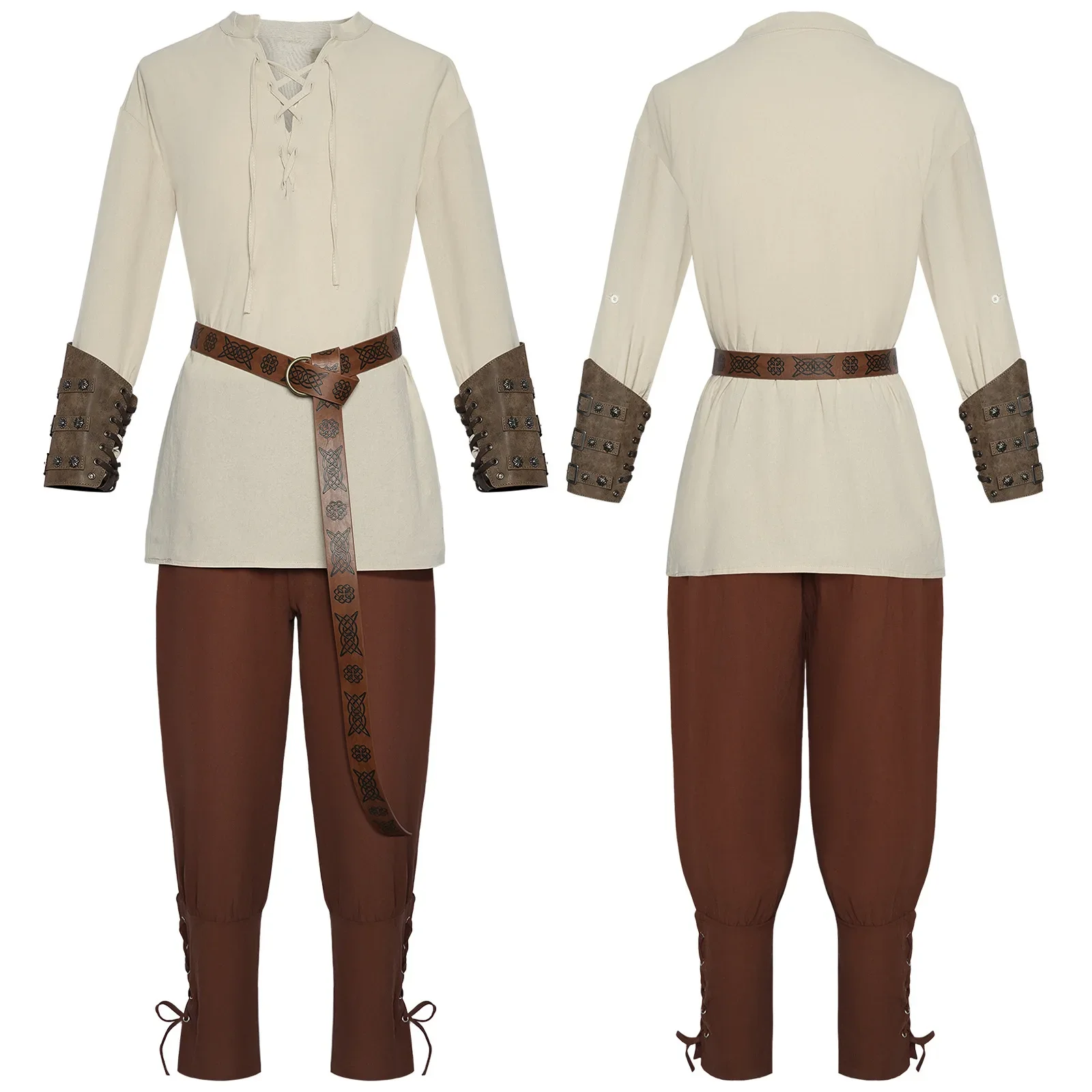

4 Pcs Halloween Men's Renaissance Costume Set Medieval Pirate Shirt Ankle Banded Pants Viking Belt Accessories