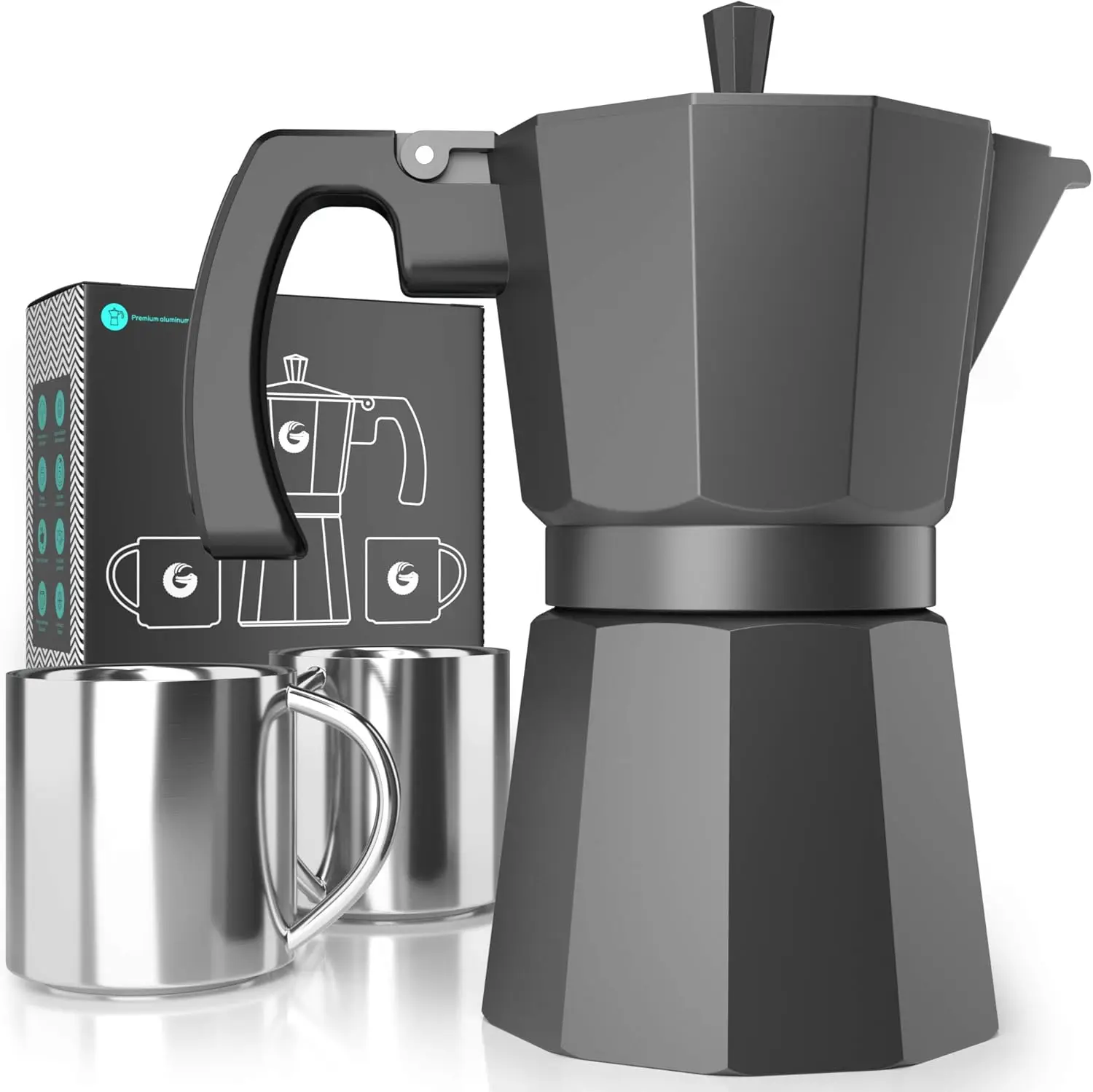 

6-Cup Stovetop Espresso Maker, 12oz Italian & Cuban Coffee Percolator with 2 Stainless-Steel Cups, Matte Grey Aluminum