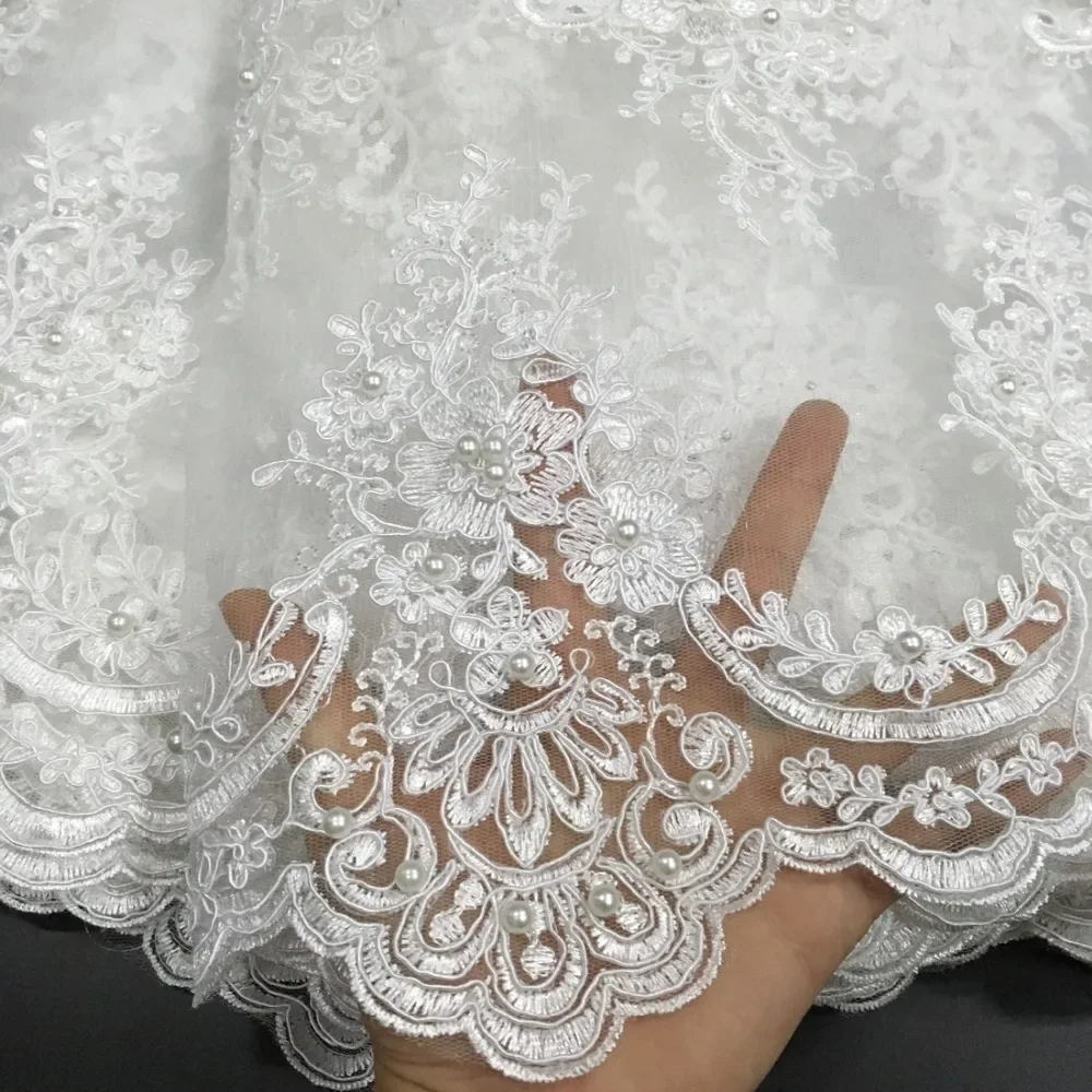 Bridal french lace fabric beaded african tulle lace fabric 1 yard per lot net lace fabric for wedding dress white SW006