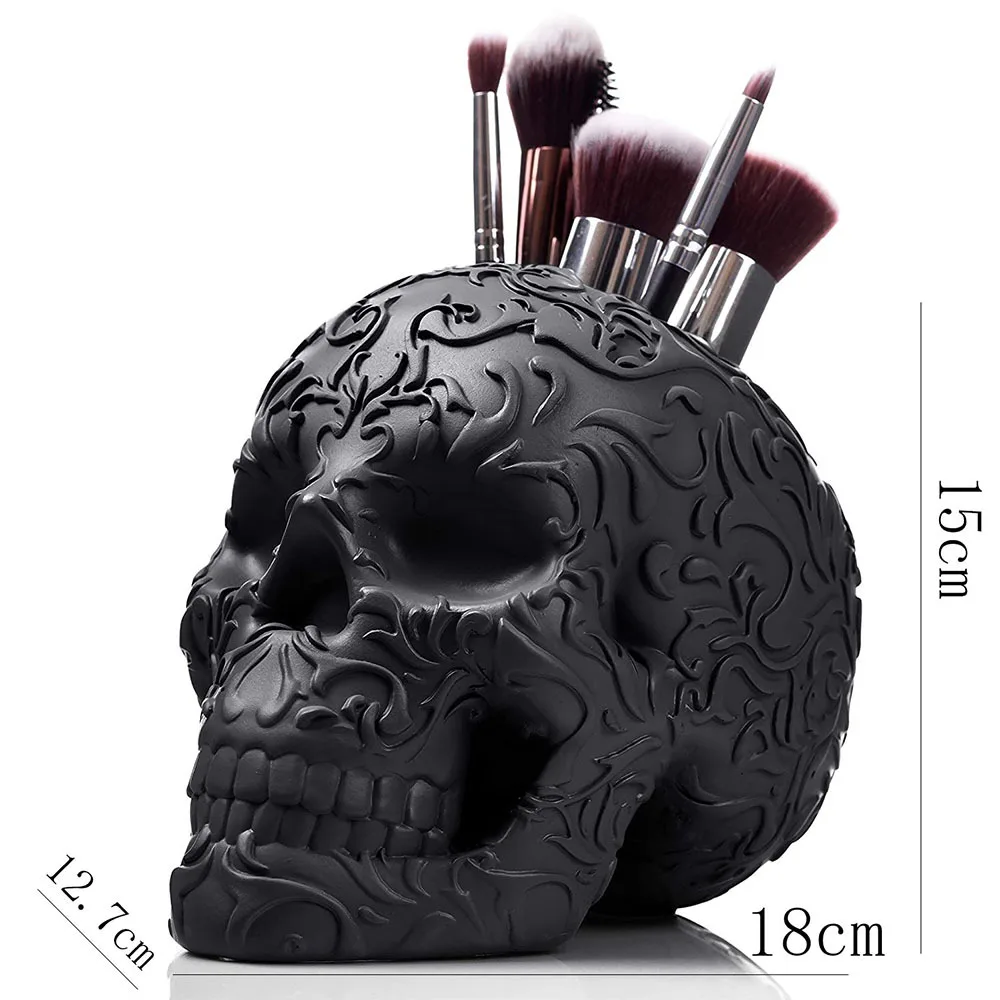 Skull Makeup Brush Holder Black Resin Home decoration Funny Toys Gifts