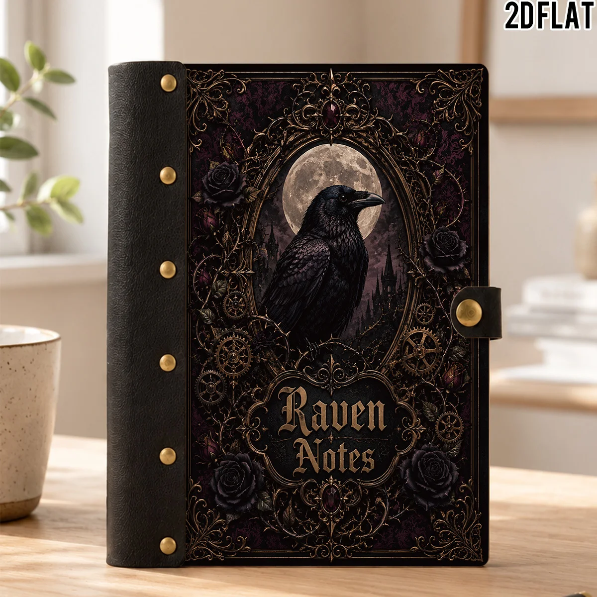 1PC 2DFlat Wooden Notebook, Hardcover Dark Gothic Full Moon Raven Black Rose Gear Castle Raven Notes Print, 100 Pages With Leath
