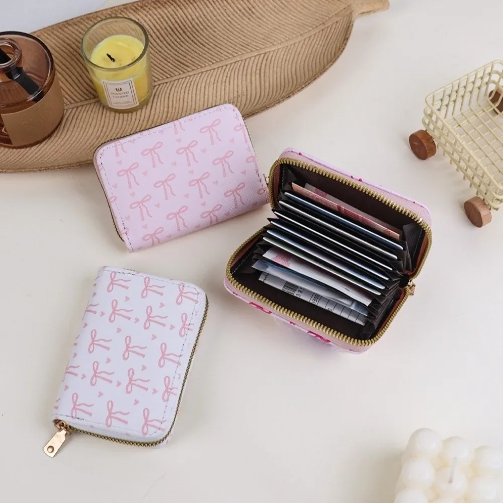 かわいいリボン付きカードホルダー PUレザー ジッパー付きミニコインパース 携帯用マルチスロットトラベルウォレット