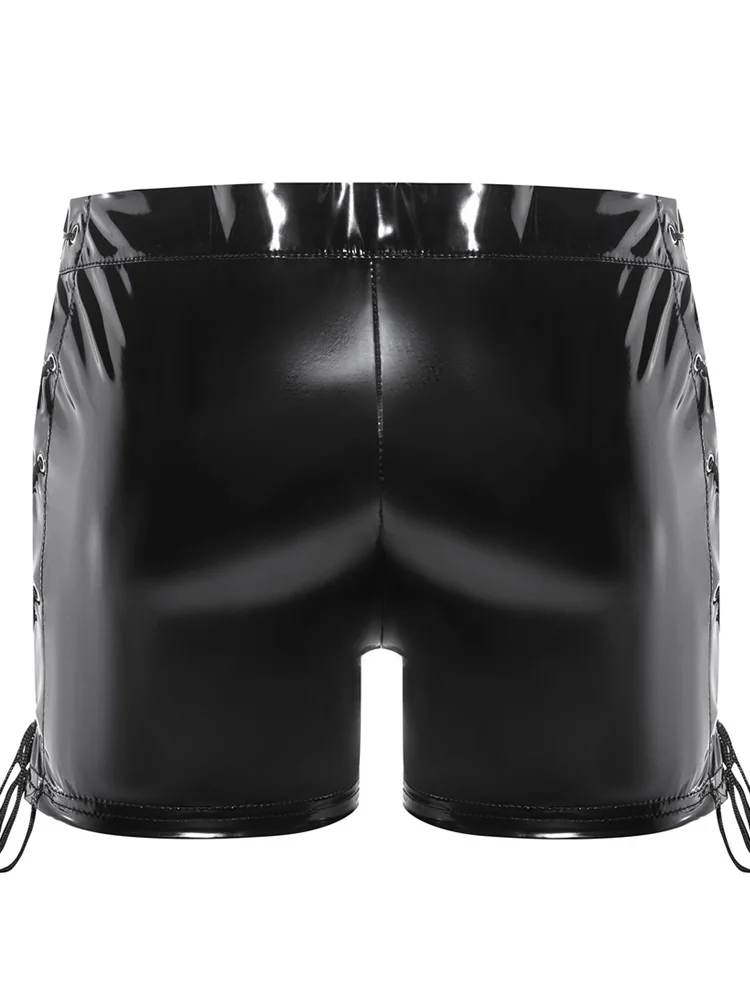 S-5XL Wet Look PVC Boxer Shorts Shiny Faux PU Leather Trunks Men Convex Pouch Boxershorts Lace Up Bandage Calconcillos Underwear