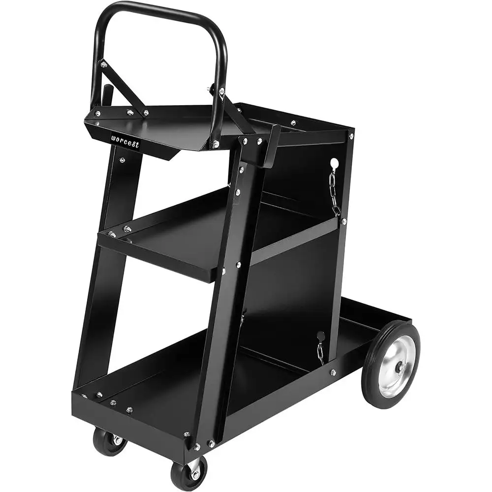 Heavy Duty 3 Tier Welding Cart with Storage Safety Chain Cable Hook Tank Tig Mig Welder Plasma Cutter Industrial Service Trolley