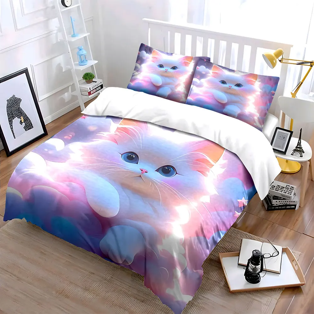 Fluffy White Longhair Cat On Pastel Cloud Duvet Cover Set, Dreamy Kawaii Bedding Includes 1 Duvet Cover And 2 Pillowcase, Gift