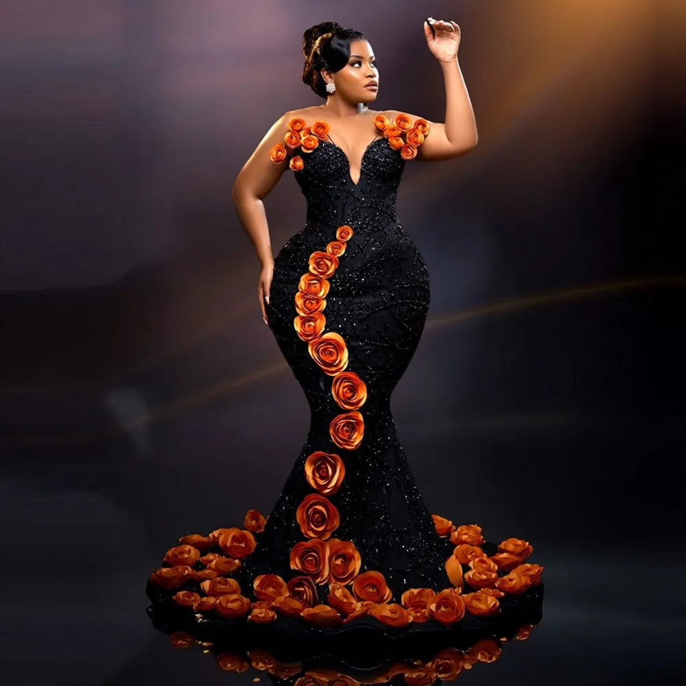 

Eye Catching Sequined Mermaid Evening Dresses Sheer Neck Handmade Flowers Plus Size Prom Gowns Sweep Train Wedding Party Dress