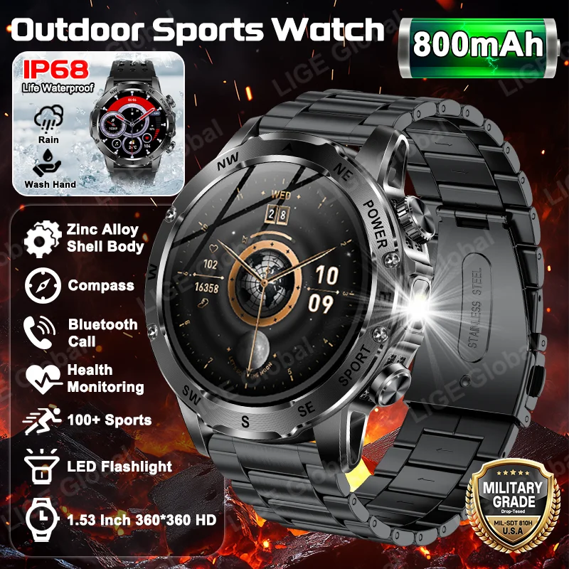 

LIGE 800mAh Large Battery Durable Adult Smart Watch Compass LED Flashlight IP68 BT Call Heart Rate 100+ Sports Smartwatch Men