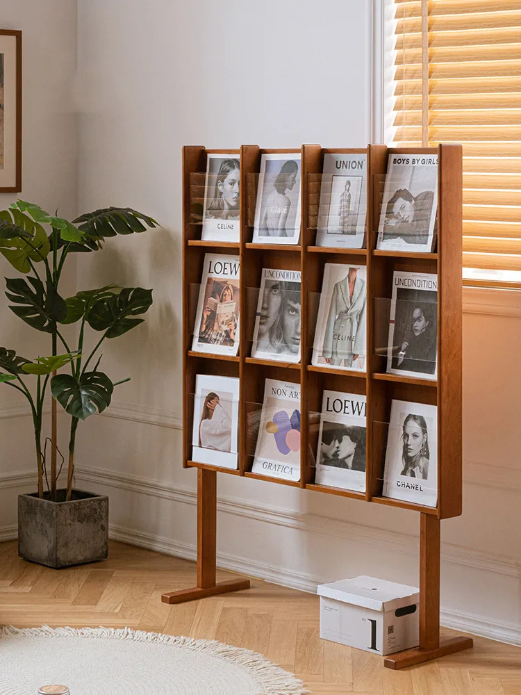 Magazine rack | Japanese medieval solid wood reading display creative acrylic floor