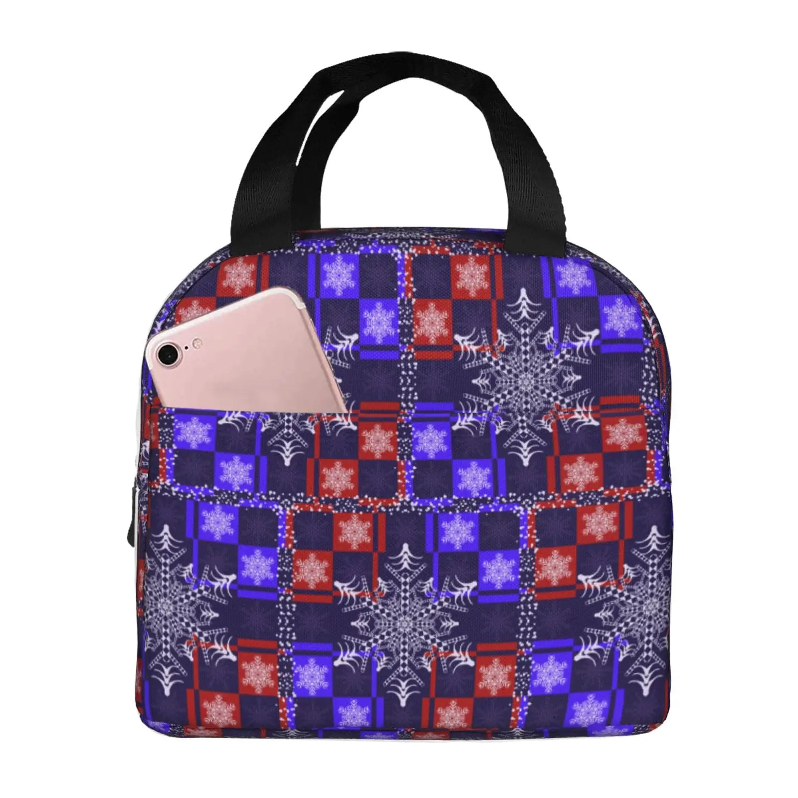 Christmas Snowflakes White Blue Lunch Bag Insulated Lunch Box Reusable Thermal Cooler Sack Food Handbags Case Tote Bento Contain