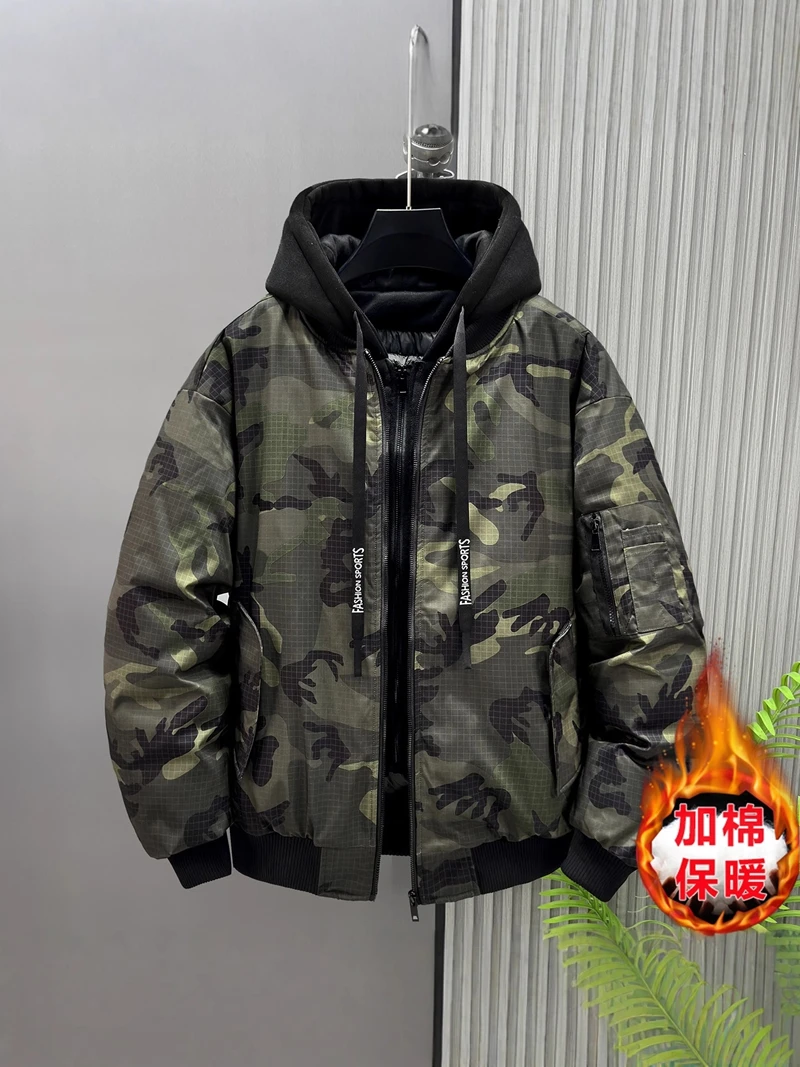 Autumn Winter Men's Retro False Two-Piece Camouflage Jacket - Plus Size Thickened Warm Casual Cotton Coat