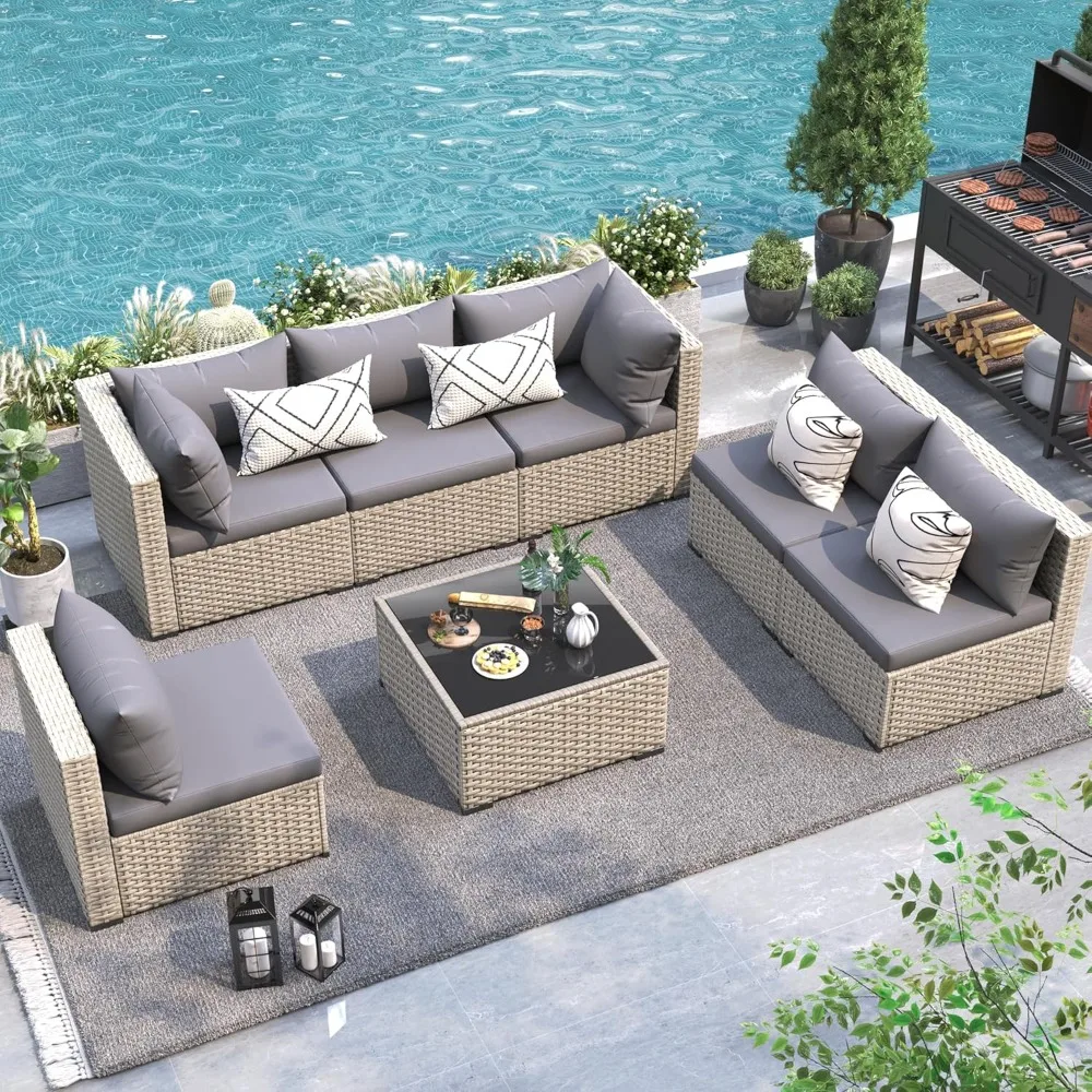 

Patio Furniture Set Outdoor Modular Sectional Sofa Set 7 Piece Rattan Patio Sofa for Porch Garden Backyard