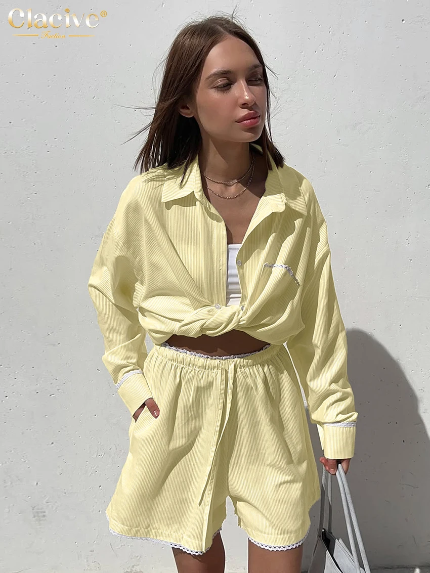 Clacive Fashion Loose Yellow Stripe Women's Two Pieces Set 2025 Elegant Long Sleeve Shirt With High Waist Shorts Set Female