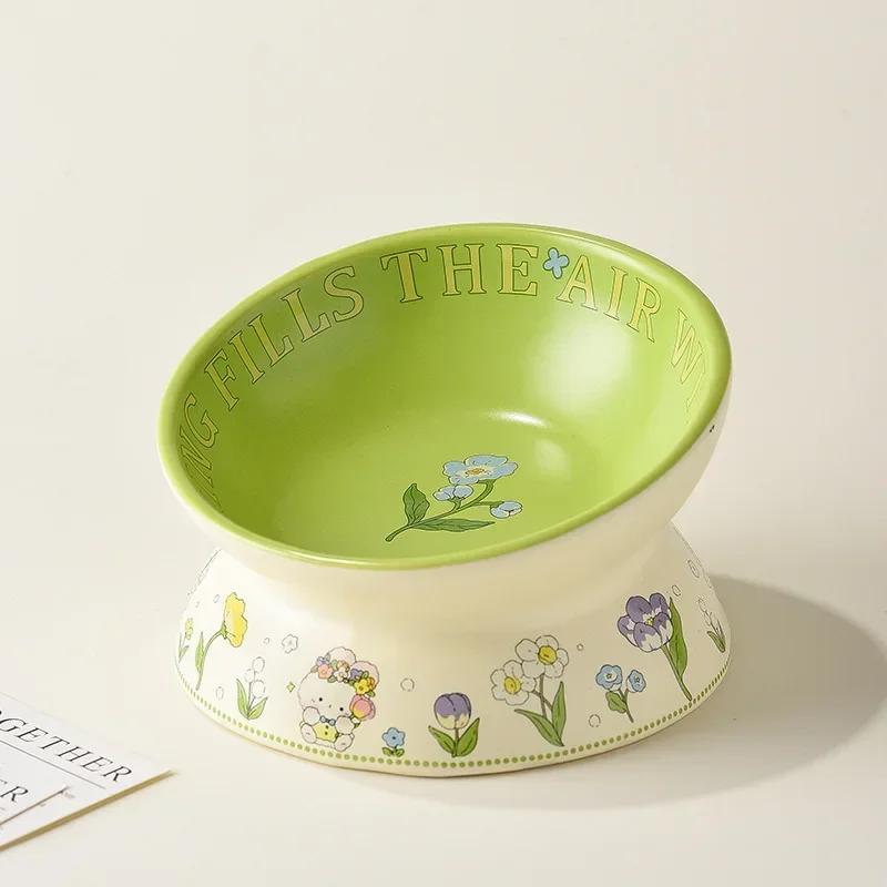 Cat Bowl Green Rabbit Lacy Cat Bowl Anti-black Chin Cat Canned Food Bowl Ceramic Dog Food Bowl Tall Drinking Bowl Pet Products