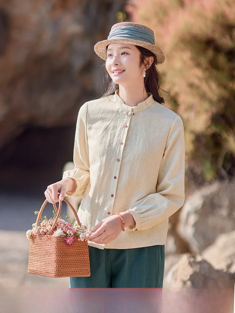 

Elegant Long Sleeve Yellowish Beige Shirt Women's Casual Design Spring Fashion 2025 New Style Artistic Loose Fit Button up