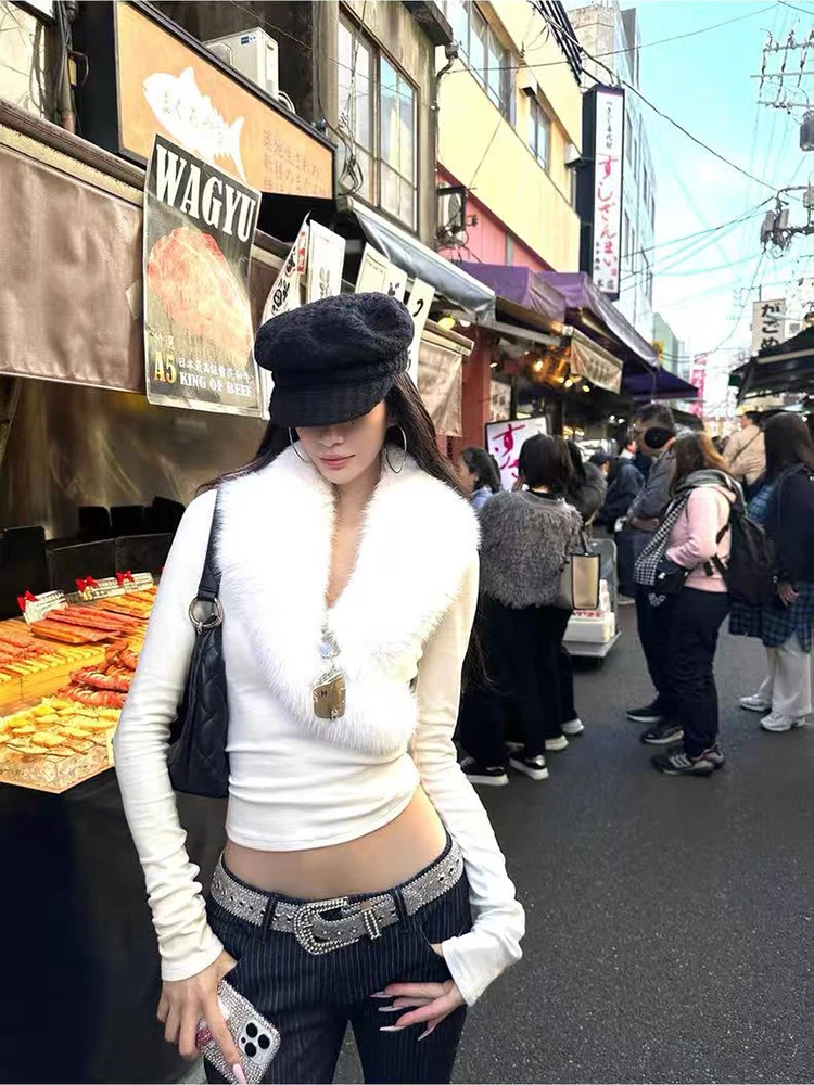 Y2K T-shirt sexy in pelliccia incrociata per donna Pullover corto a maniche lunghe sottile giapponese Autunno Inverno Scollo a V Peluche Patchwork Tees Mujer Nuovo