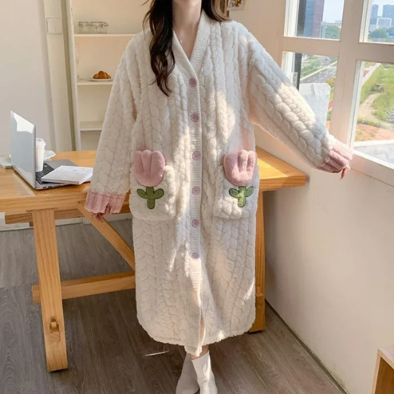 Winter parturient prenatal home wear with thick  fleece nursing nightdress  women coral fleece maternity  waiting  nightgown